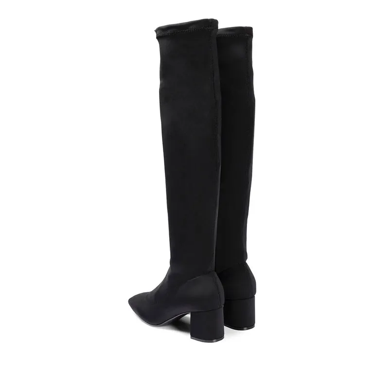Kiberg women's stretchy black thigh-high boots with mid heels and semi-square toes