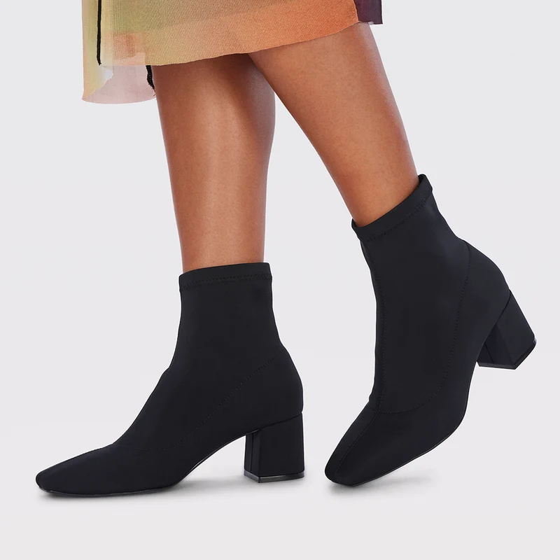 Letham women's stretchy black ankle boots with mid heels and semi-square toes