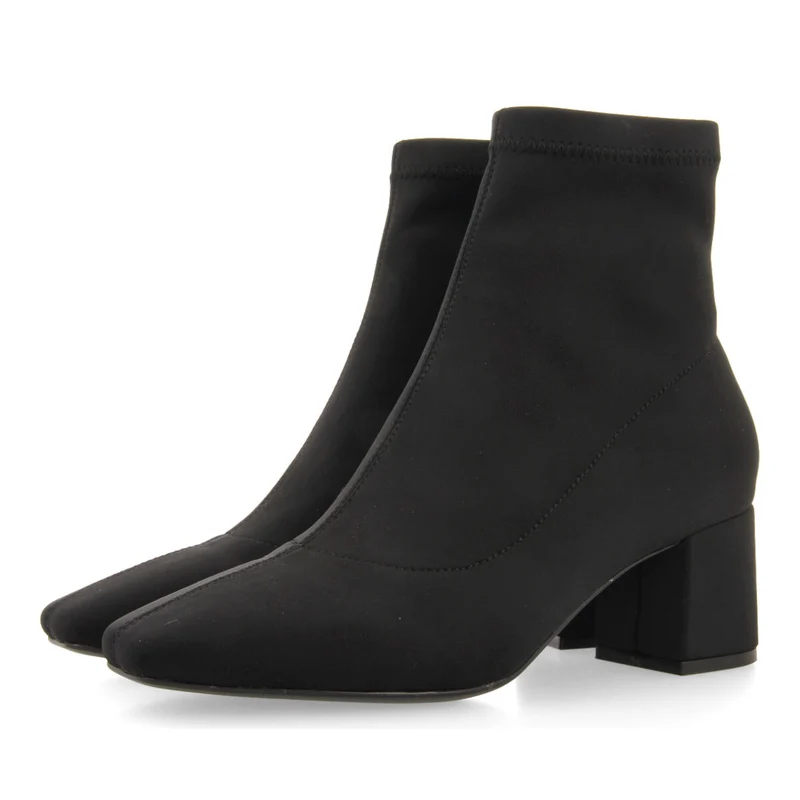 Letham women's stretchy black ankle boots with mid heels and semi-square toes