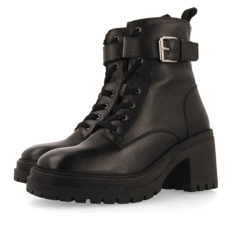 Kelso black leather lace-up biker boots with track soles and heels