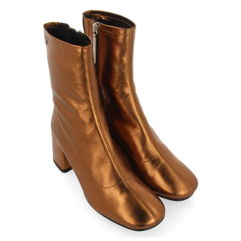 Evanton women's bronze leather ankle boots with mid heels and round toes