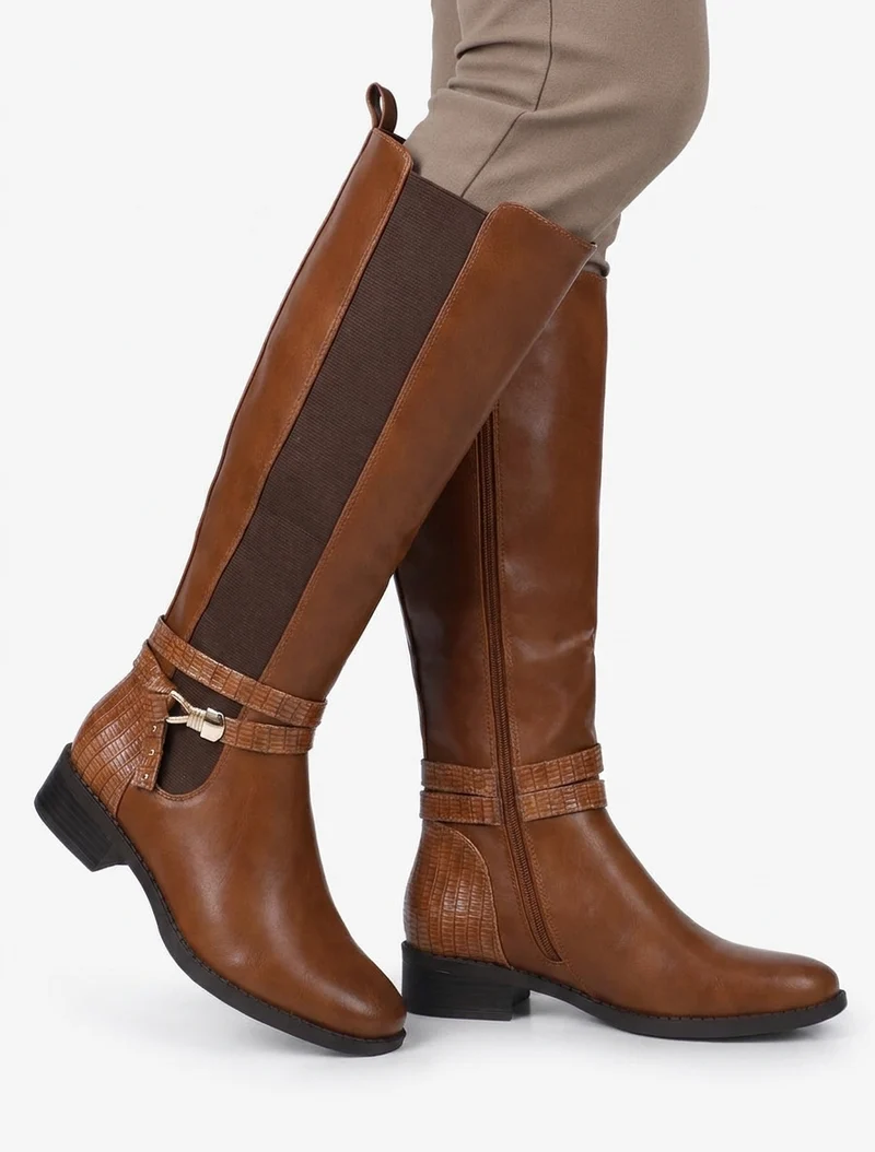 Bottes élastiquées à contrefort en croco - Camel