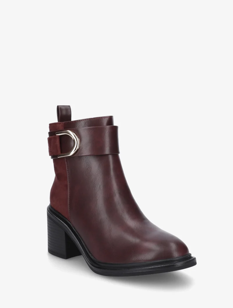 Bottines bimatière à talon bloc - Lie de vin