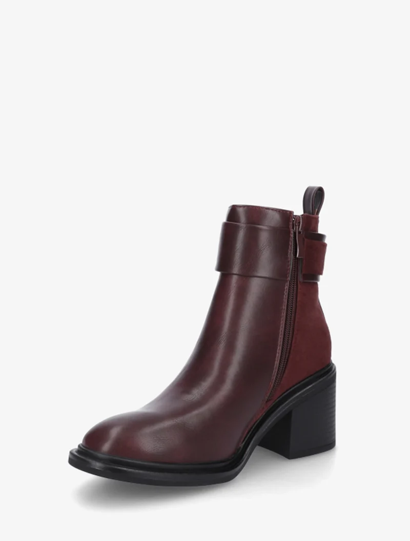 Bottines bimatière à talon bloc - Lie de vin