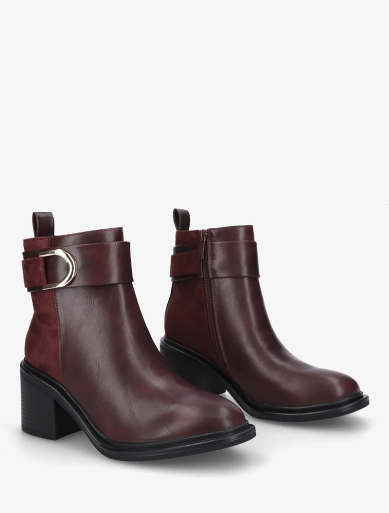 Bottines bimatière à talon bloc - Lie de vin