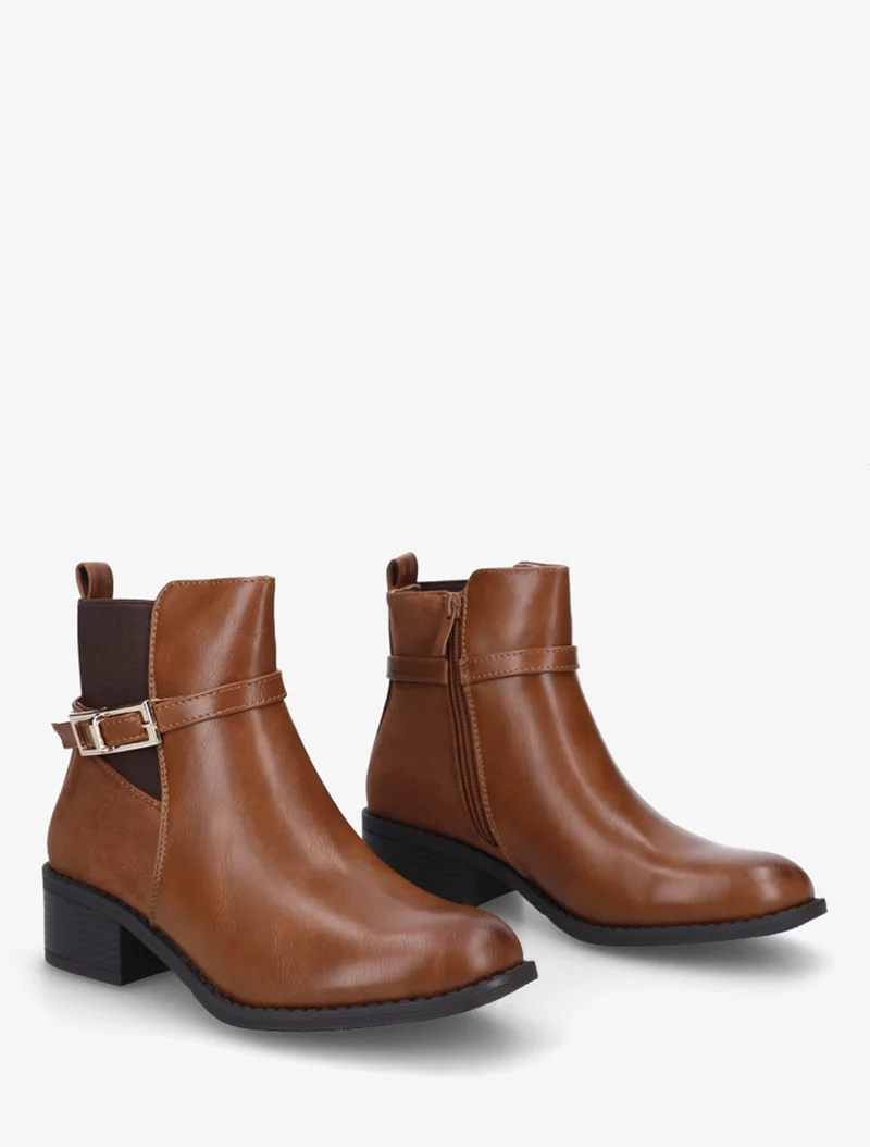 Bottines élastiquées bimatière à boucle métal - Camel