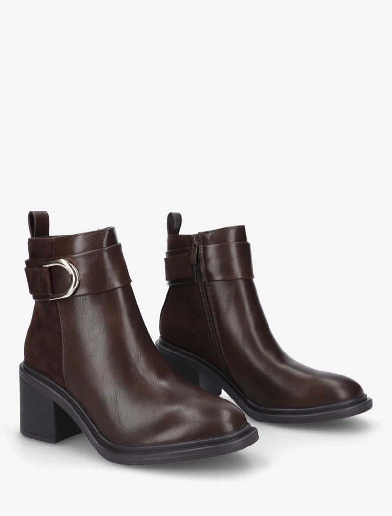 Bottines bimatière à talon bloc - Marron