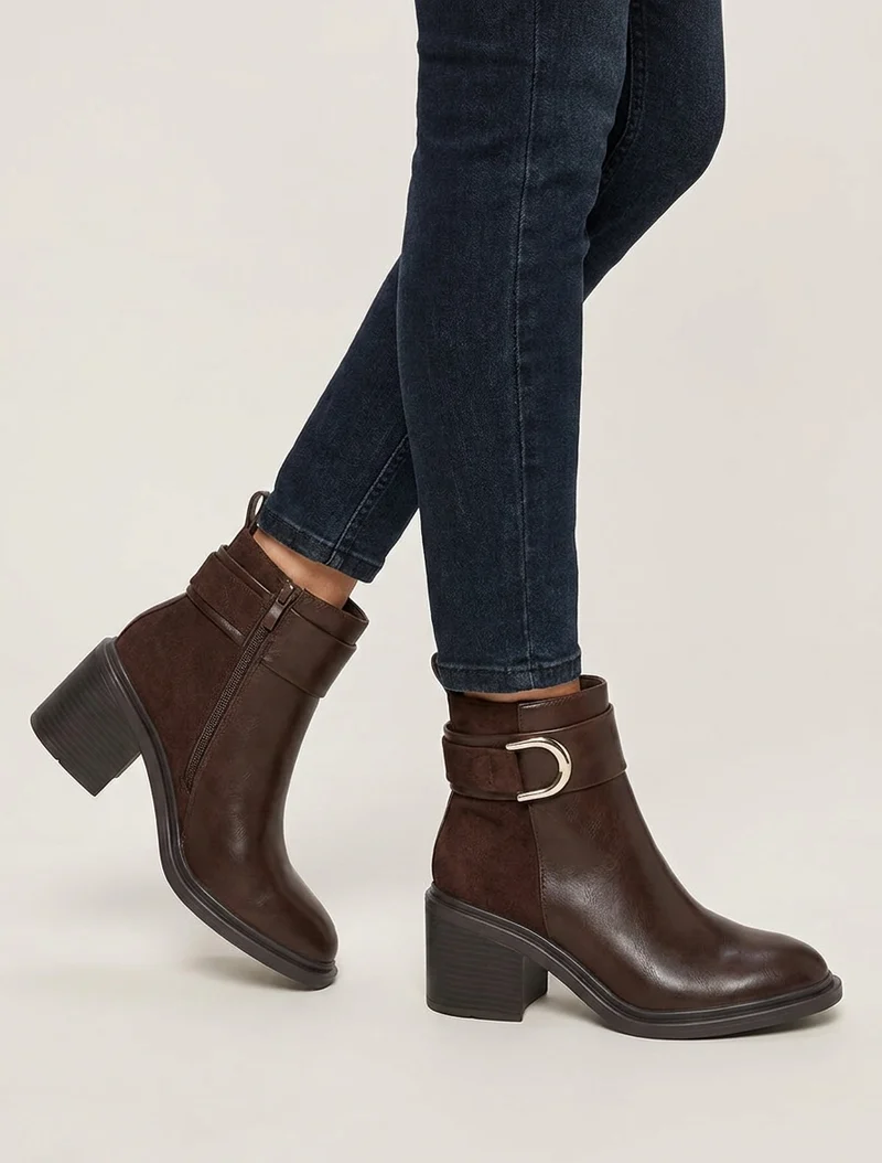 Bottines bimatière à talon bloc - Marron