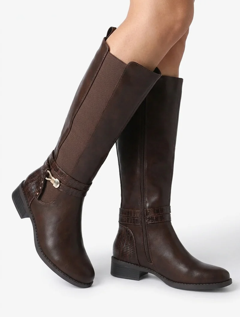 Bottes élastiquées à contrefort en croco - Marron