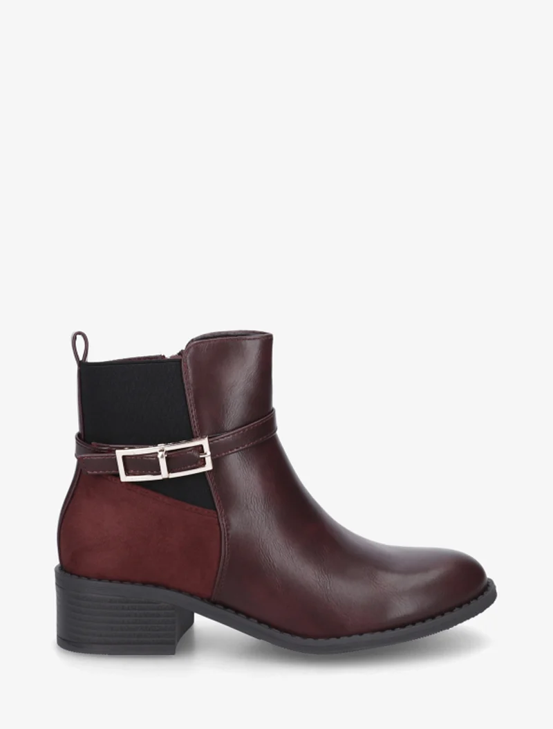 Bottines élastiquées bimatière à boucle métal - Lie de vin