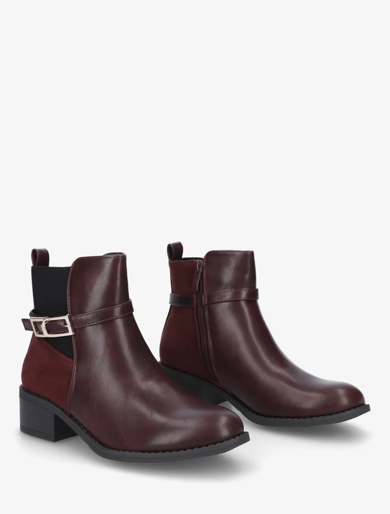 Bottines élastiquées bimatière à boucle métal - Lie de vin