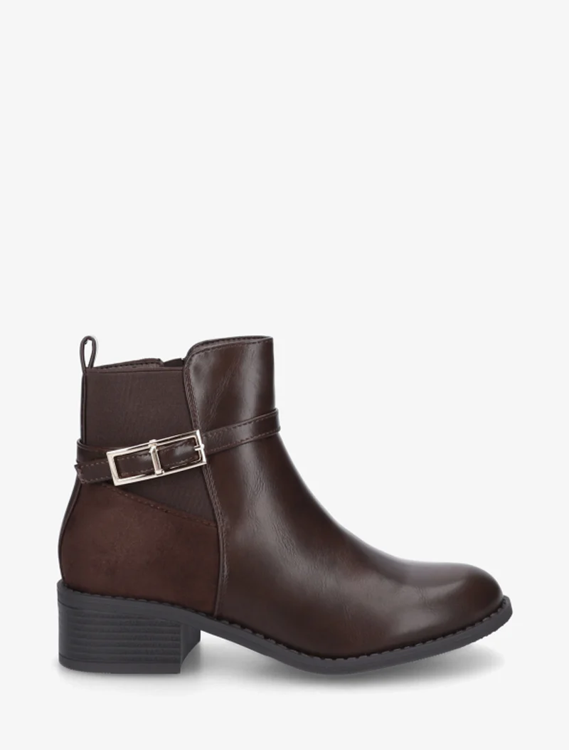 Bottines élastiquées bimatière à boucle métal - Marron