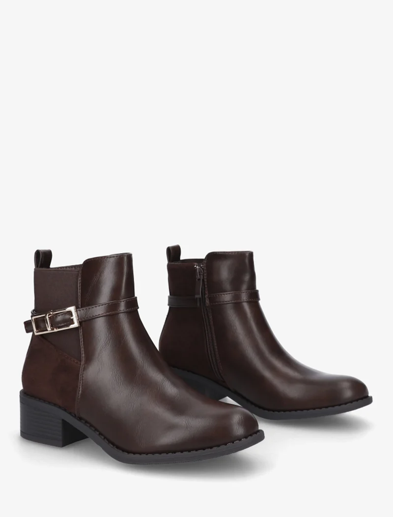 Bottines élastiquées bimatière à boucle métal - Marron