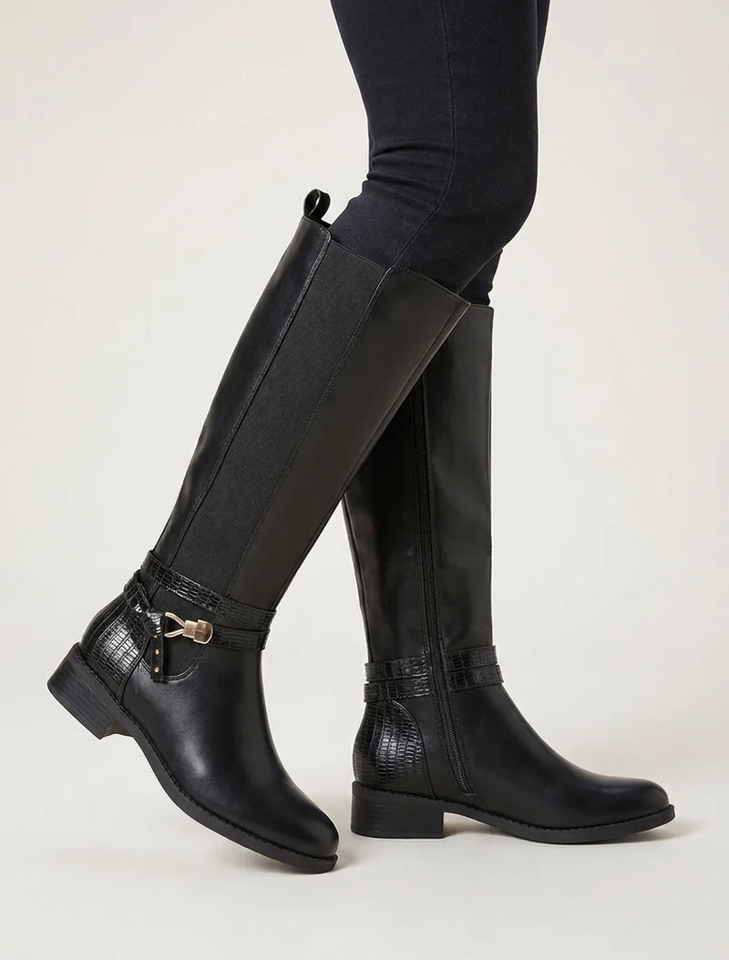 Bottes élastiquées à contrefort en croco - Noir