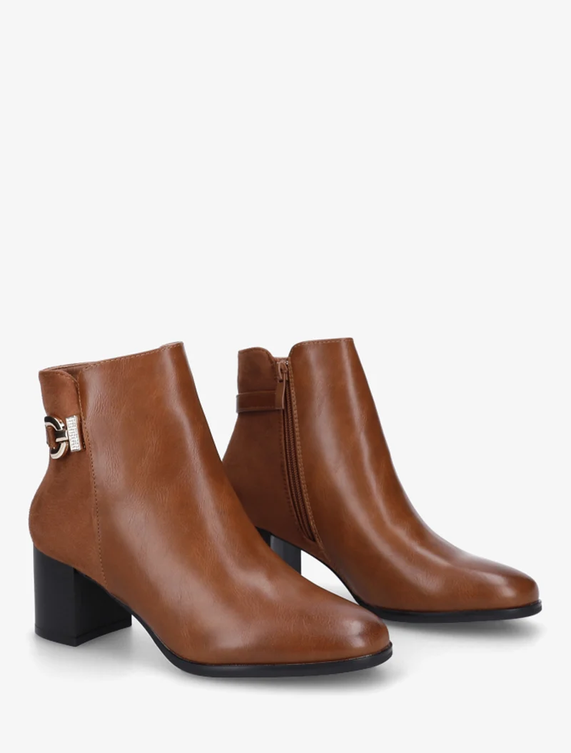 Bottines bimatière à boucle strassée - Camel