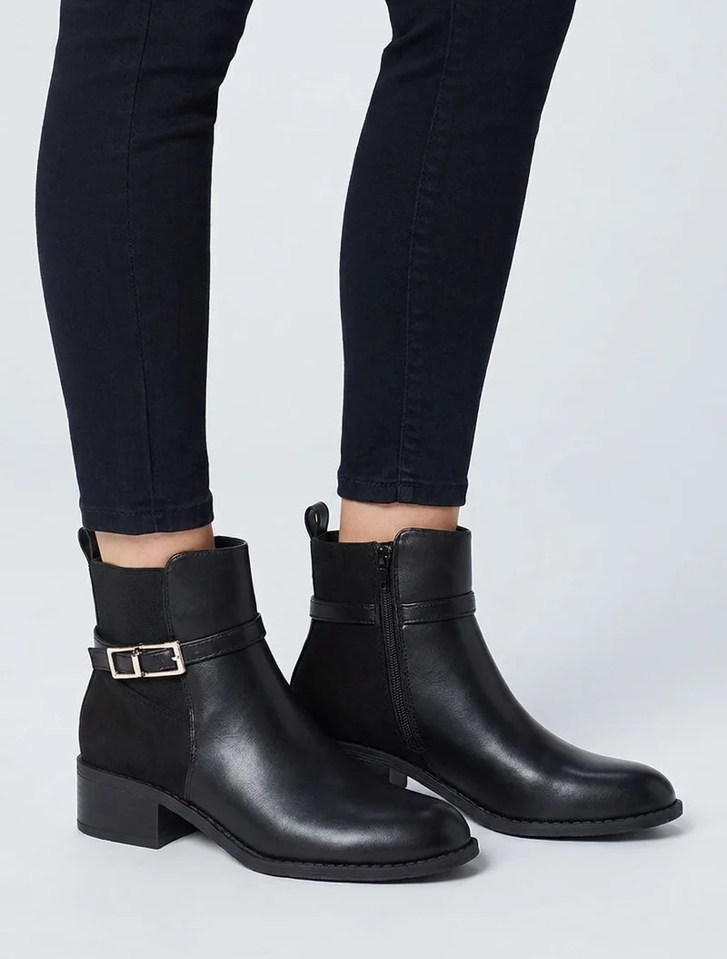 Bottines élastiquées bimatière à boucle métal - Noir