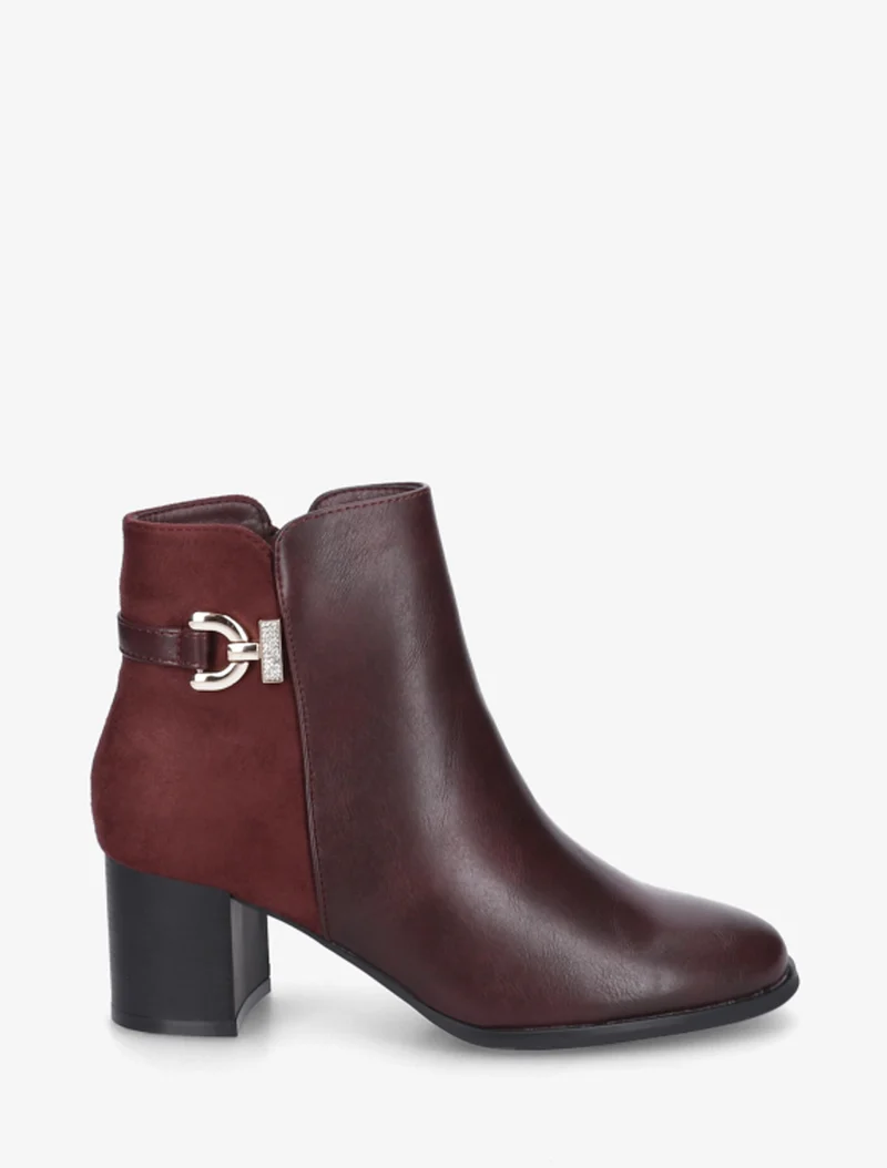 Bottines bimatière à boucle strassée - Lie de vin