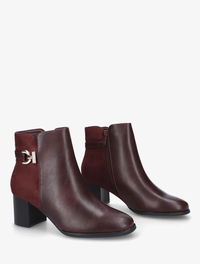 Bottines bimatière à boucle strassée - Lie de vin