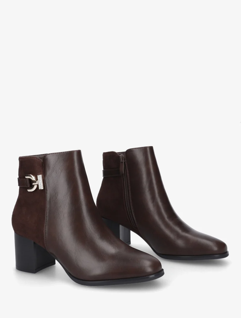Bottines bimatière à boucle strassée - Marron