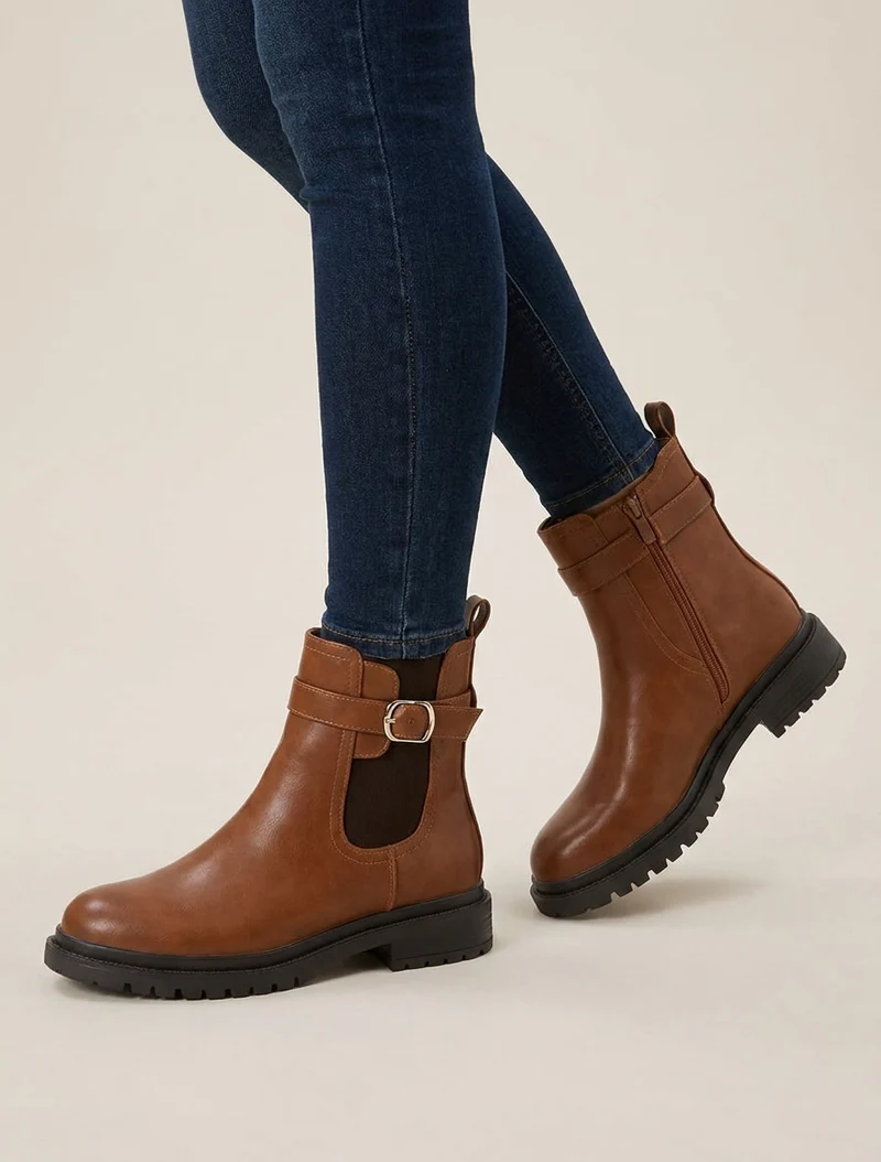 Bottines élastiquées à boucle et semelle crantée - Camel