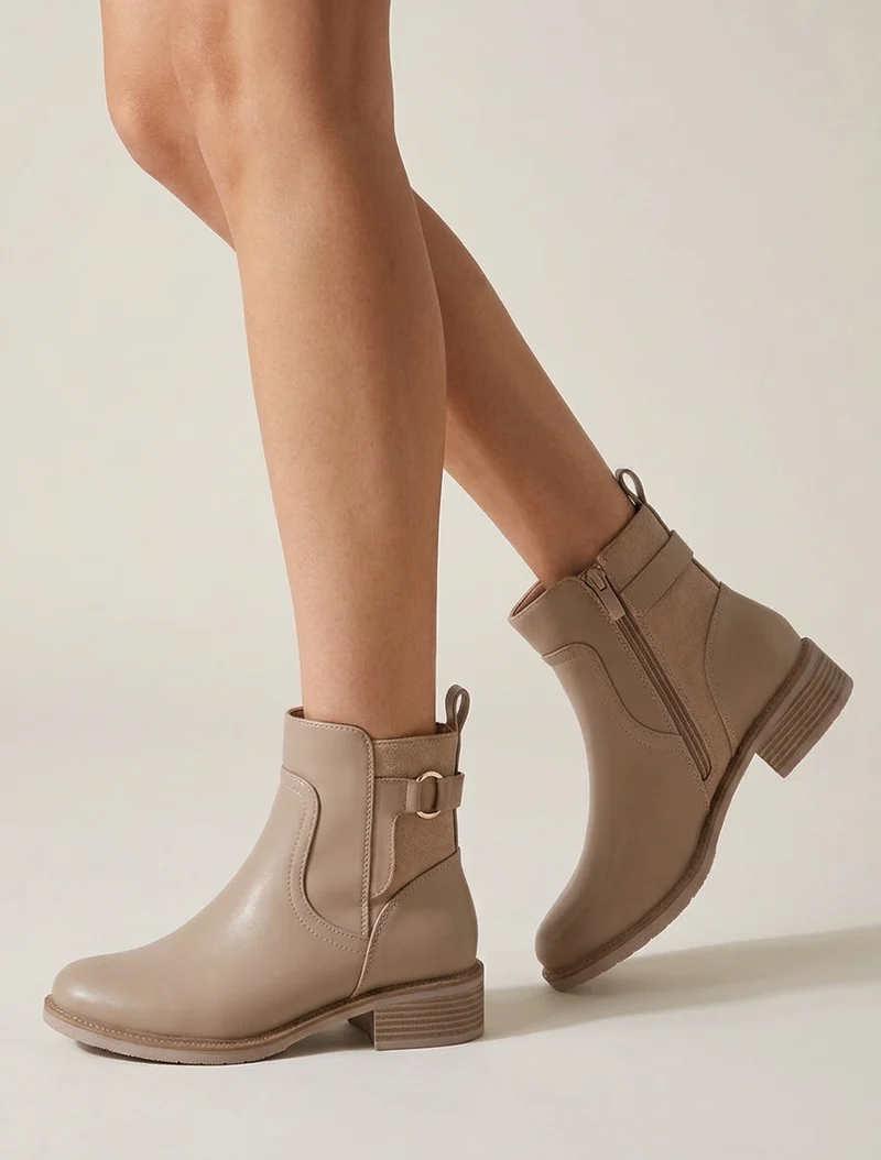 Bottines en simili et suédine - Taupe