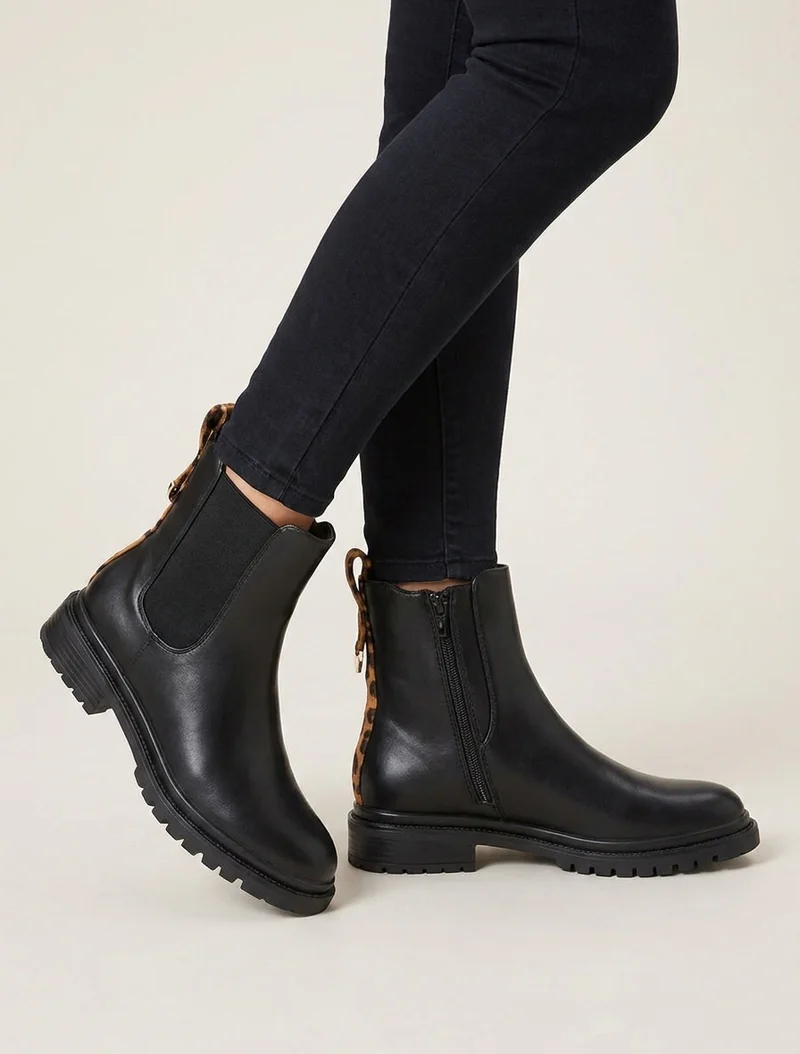 Chelsea boots à contrefort stylisé - Noir/léopard