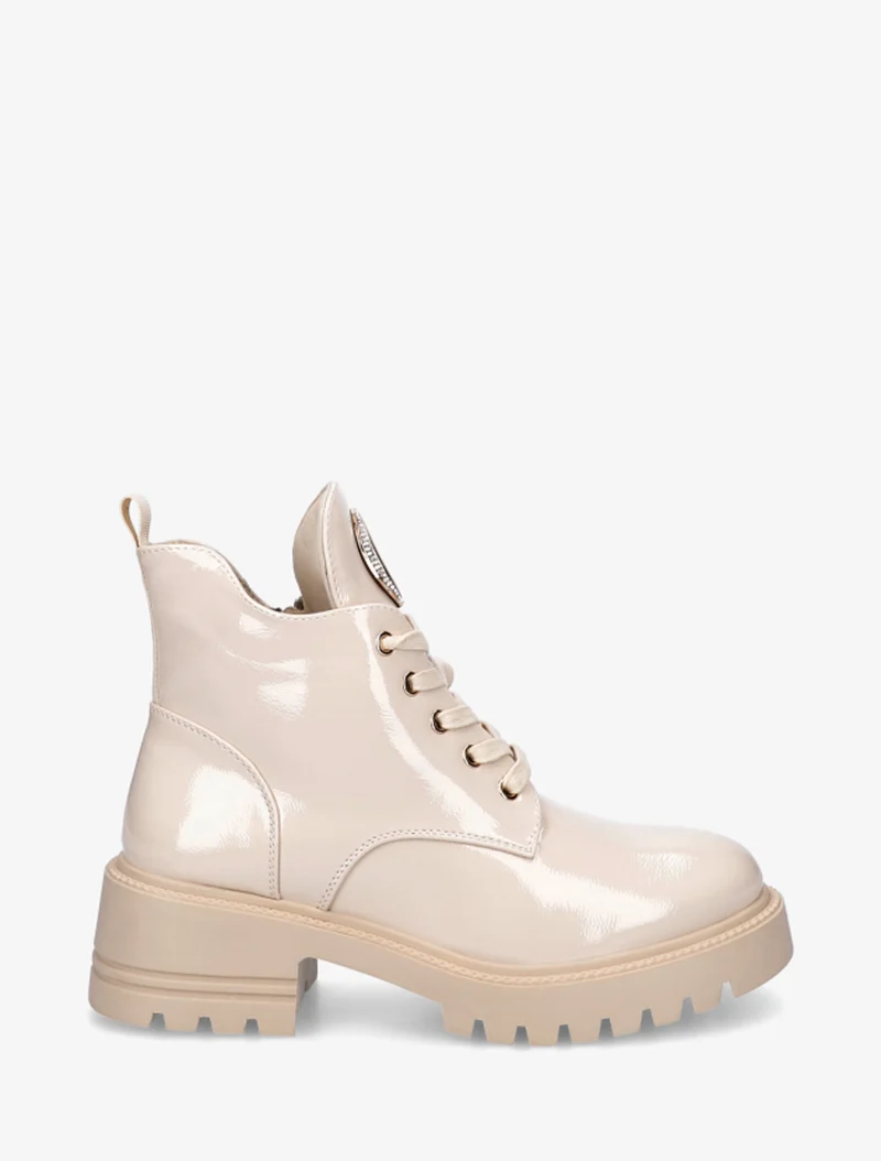 Boots vernies à bijou métal strassé - Beige