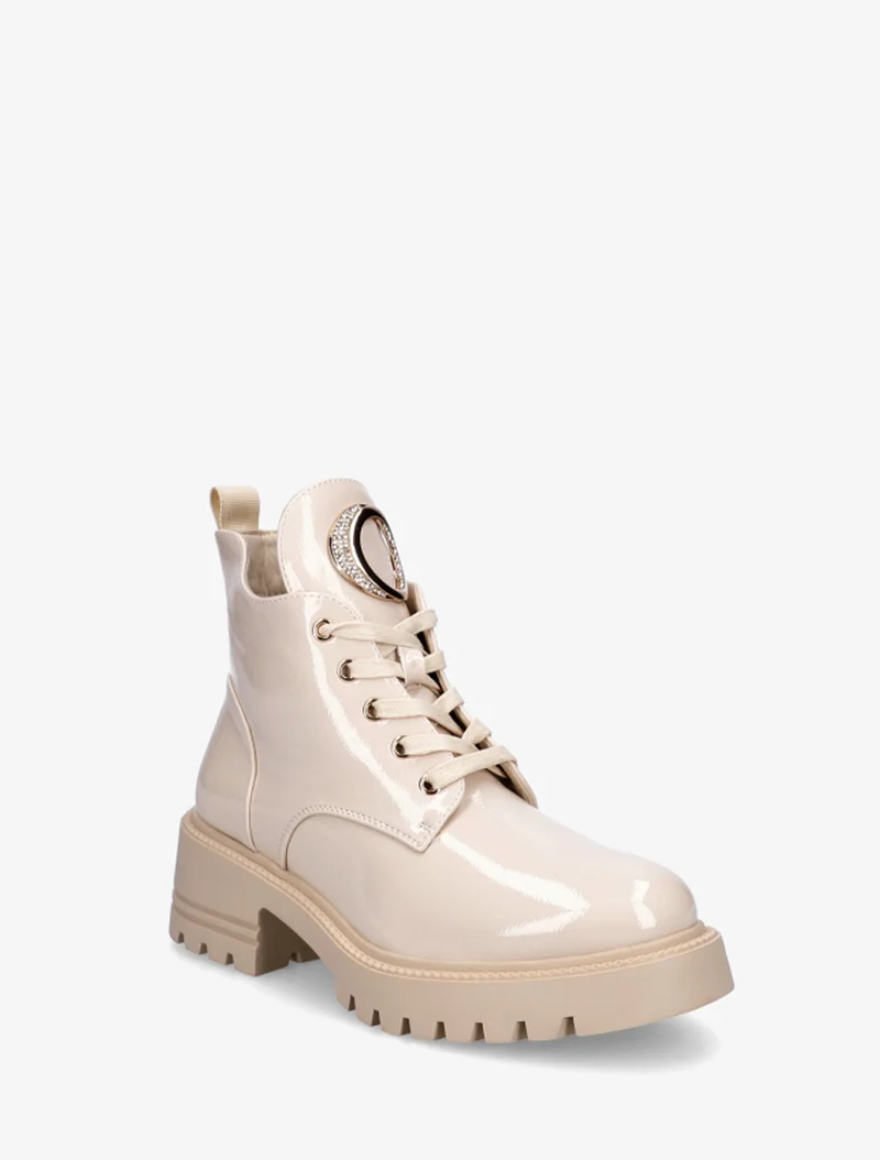 Boots vernies à bijou métal strassé - Beige