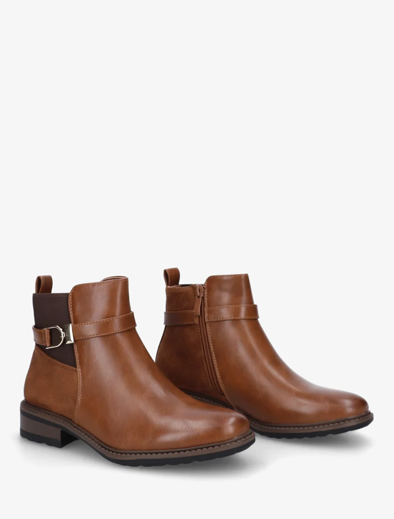 Bottines élastiquées bimatière à boucle métallique - Camel