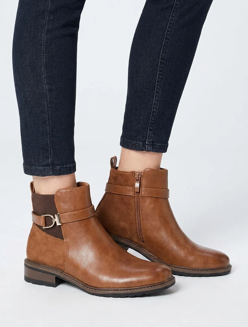 Bottines élastiquées bimatière à boucle métallique - Camel