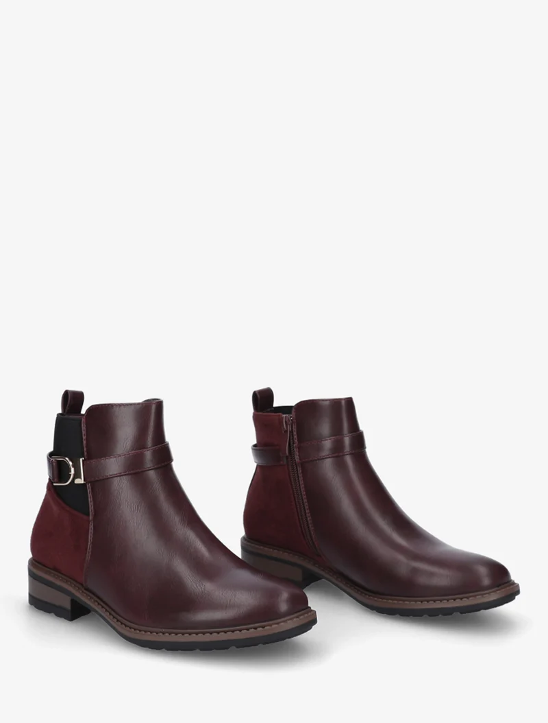 Bottines élastiquées bimatière à boucle métallique - Lie de vin