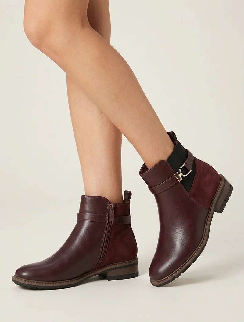 Bottines élastiquées bimatière à boucle métallique - Lie de vin