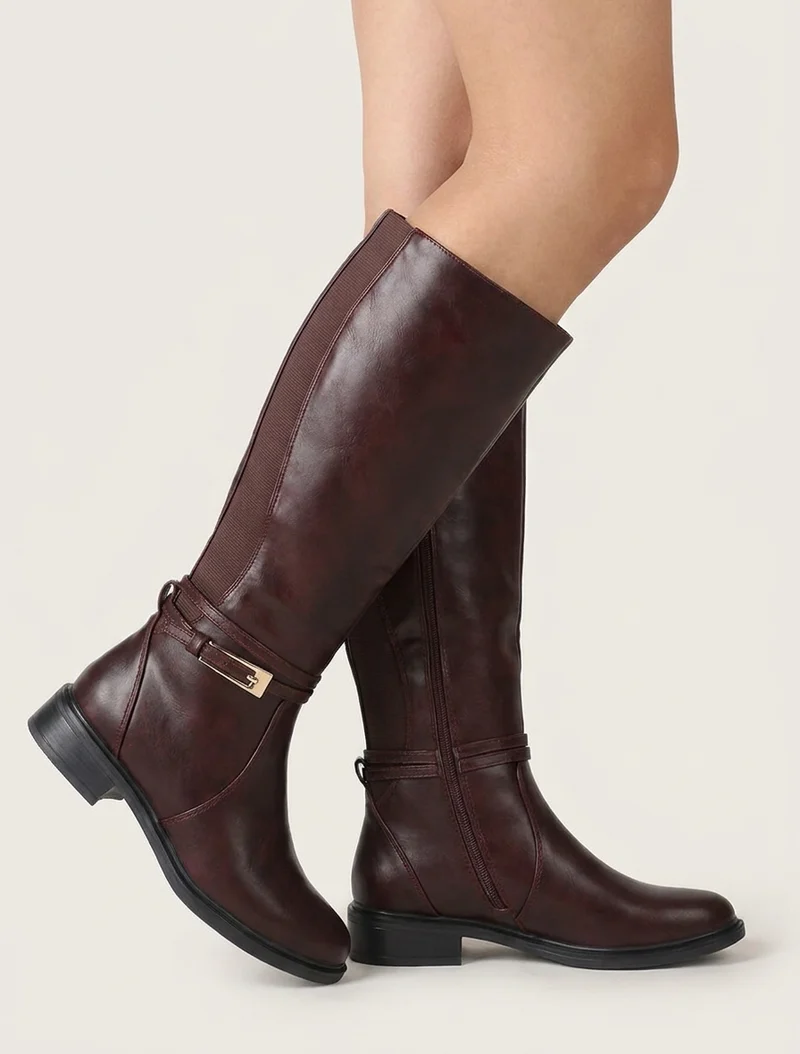 Bottes en simili à boucle rectangulaire - Lie de vin