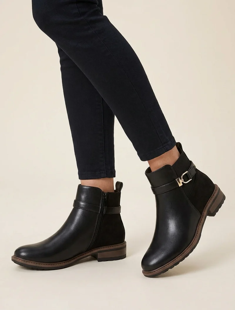Bottines élastiquées bimatière à boucle métallique - Noir