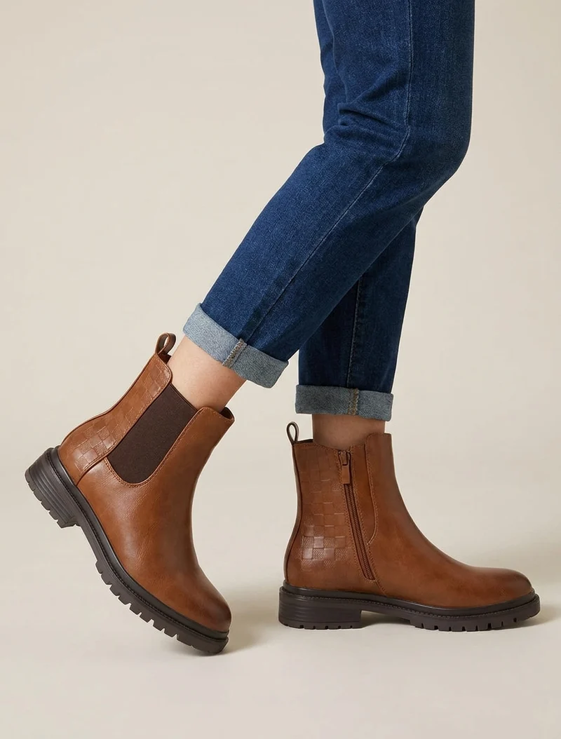 Bottines élastiquées à contrefort damier - Camel