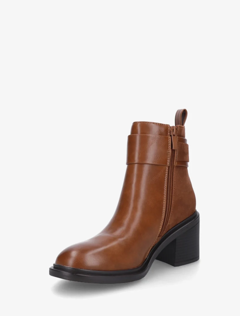 Bottines bimatière à talon bloc - Camel