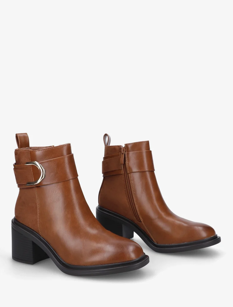 Bottines bimatière à talon bloc - Camel