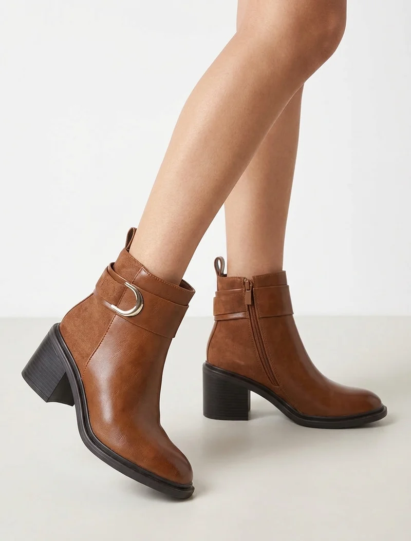 Bottines bimatière à talon bloc - Camel